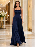 Dark Navy Square Neck Satin Empire Formal Dress front view