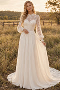 High Neck Long Sleeve A-Line Wedding Dress with Lace Bodice and Chiffon Train for Beach Garden Ceremony Style MG_701283 front