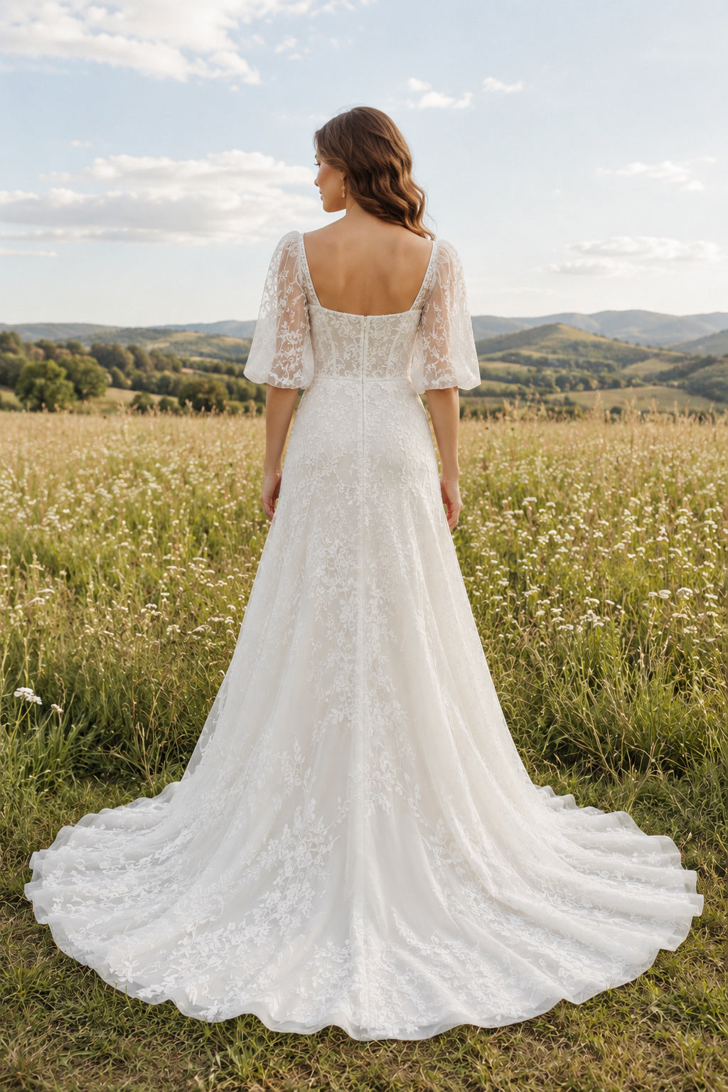 Ivory Square Neck Puff Sleeve Lace A-Line Wedding Dress with Sweep Train Style MG_700396 back view