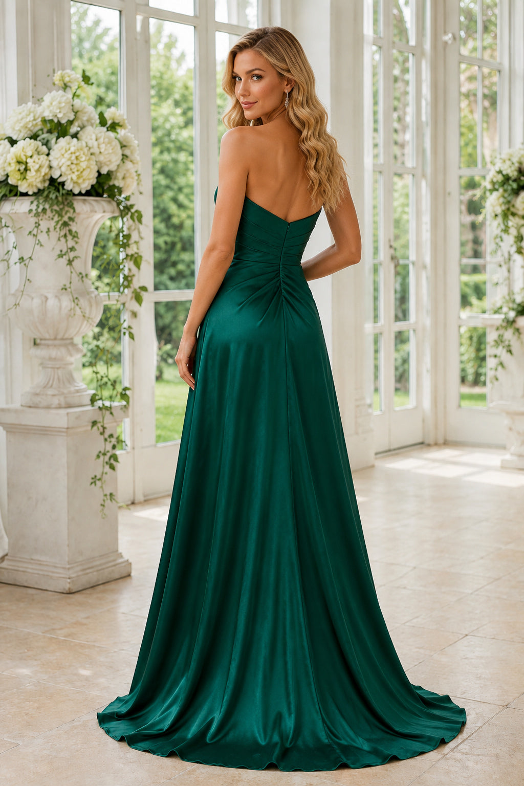 Dark Green Strapless Satin A Line Dress with Side Slit and Ruched Bodice Floor Length And Sweep/Brush Train A Line Bridesmaid