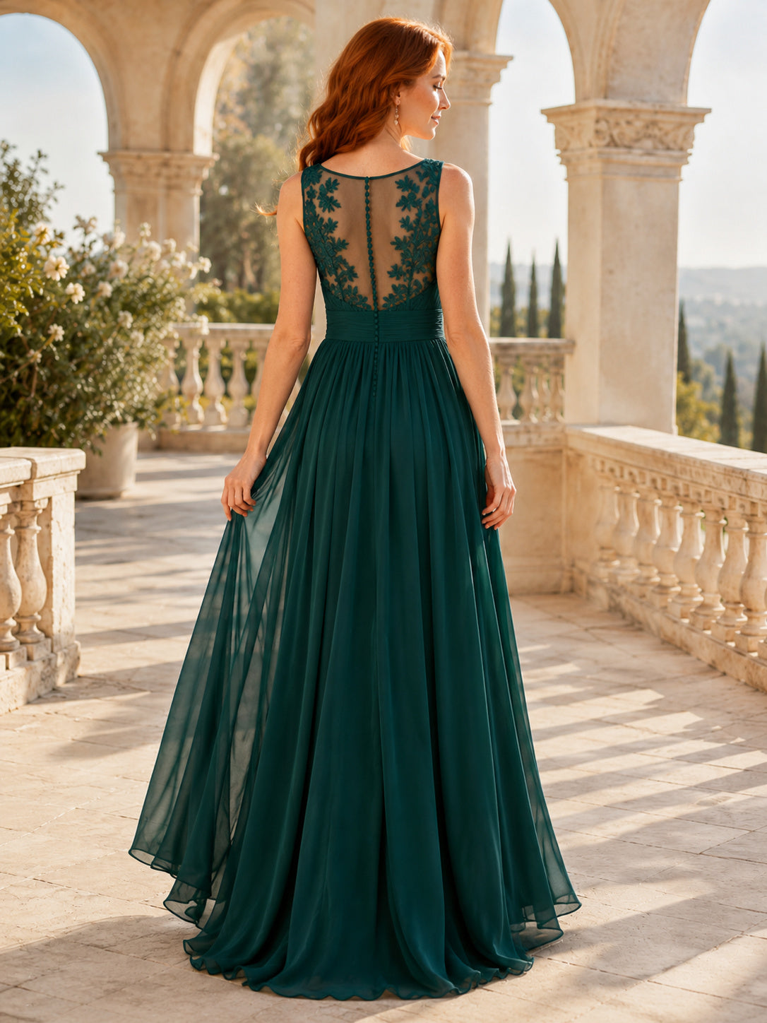 Dark Green V-neck Chiffon Illusion Back A-Line Gown back view