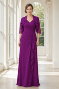 Purple V-neck Three-Quarter Sleeve Sheath Chiffon Floor-Length Dress With Ruffle Front