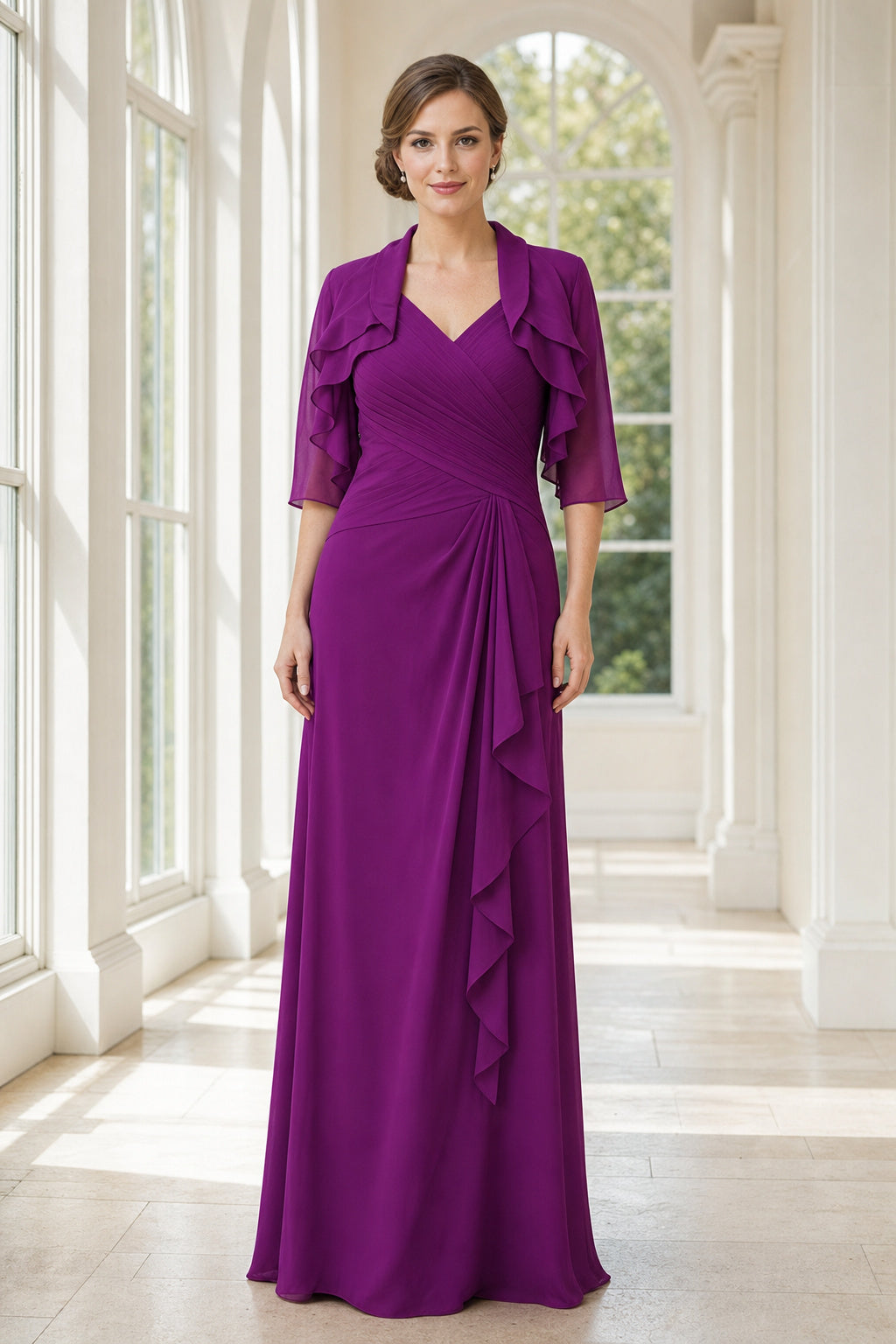 Purple V-neck Three-Quarter Sleeve Sheath Chiffon Floor-Length Dress With Ruffle Front