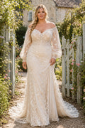Plus Size Off-the-Shoulder Long Sleeve Lace Mermaid Wedding Dress front view