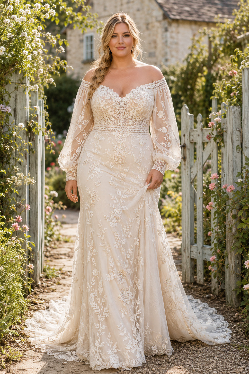 Plus Size Off-the-Shoulder Long Sleeve Lace Mermaid Wedding Dress front view