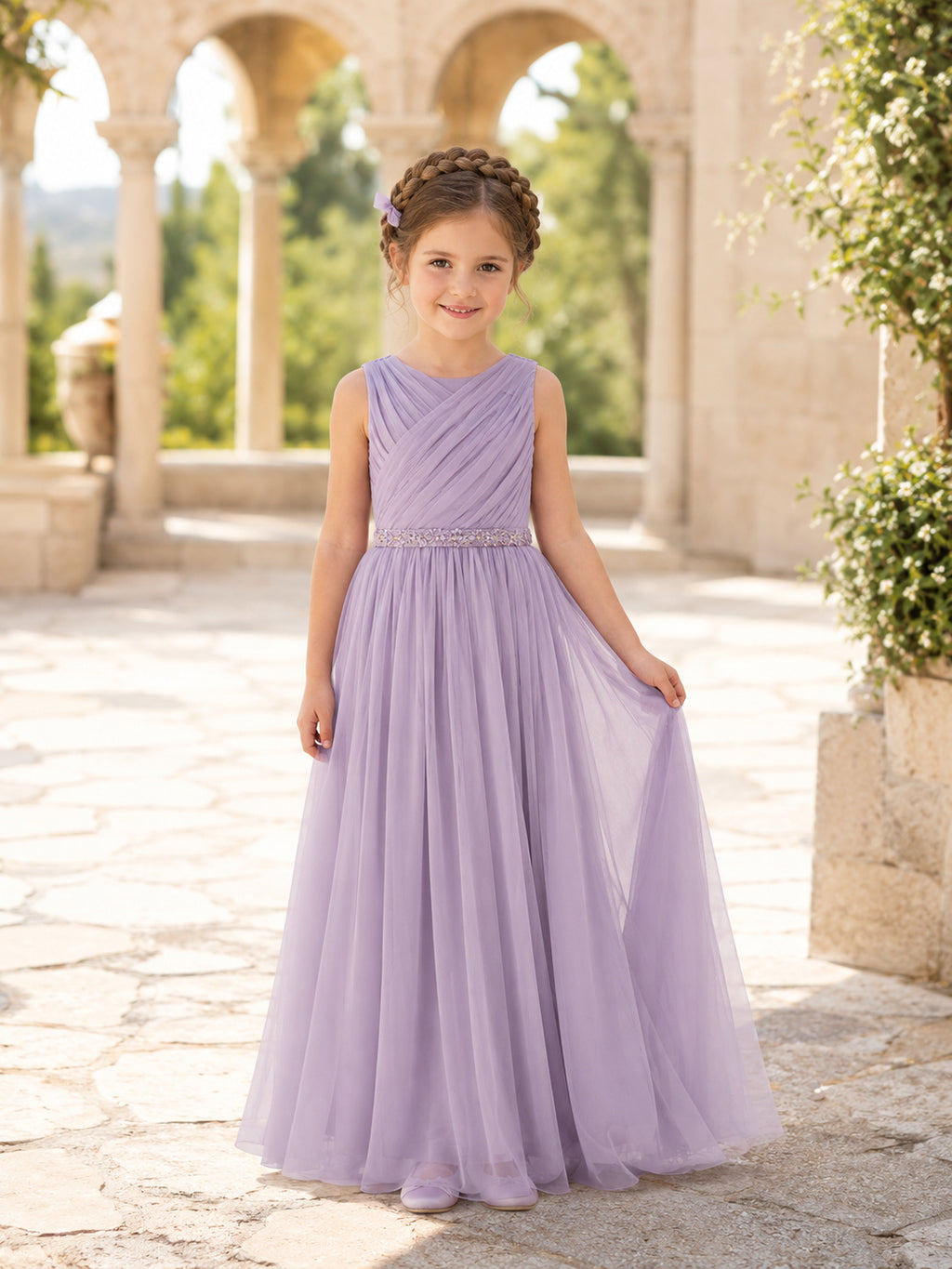 Lavender Soft Draped Chiffon Pleated A-Line Flower Girl Dress with Sleeveless, Jewel Neck and Floor-Length Skirt front view