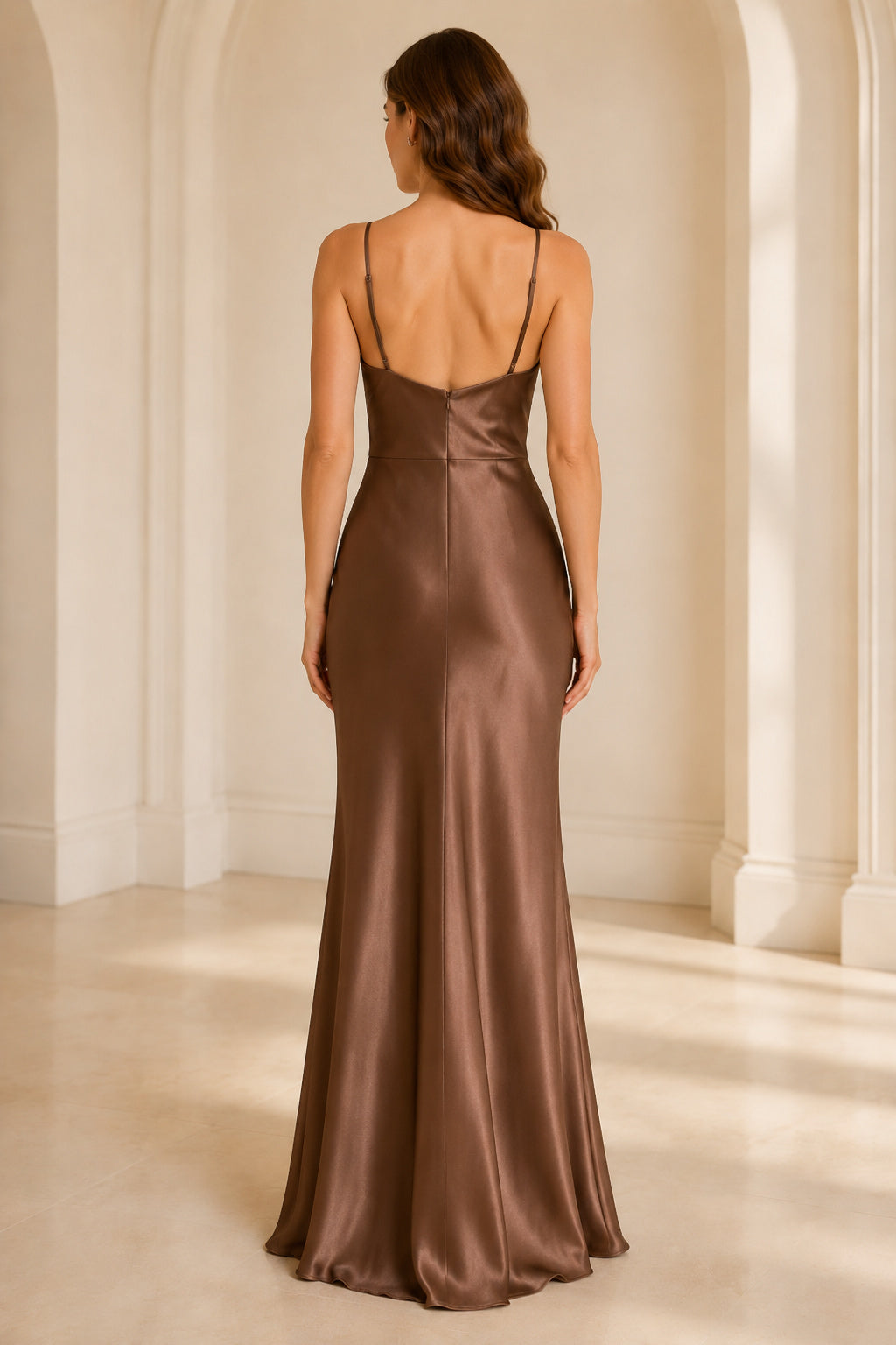 Brown Spaghetti Strap Satin Cowl Neck Sheath Dress with Low Back back view