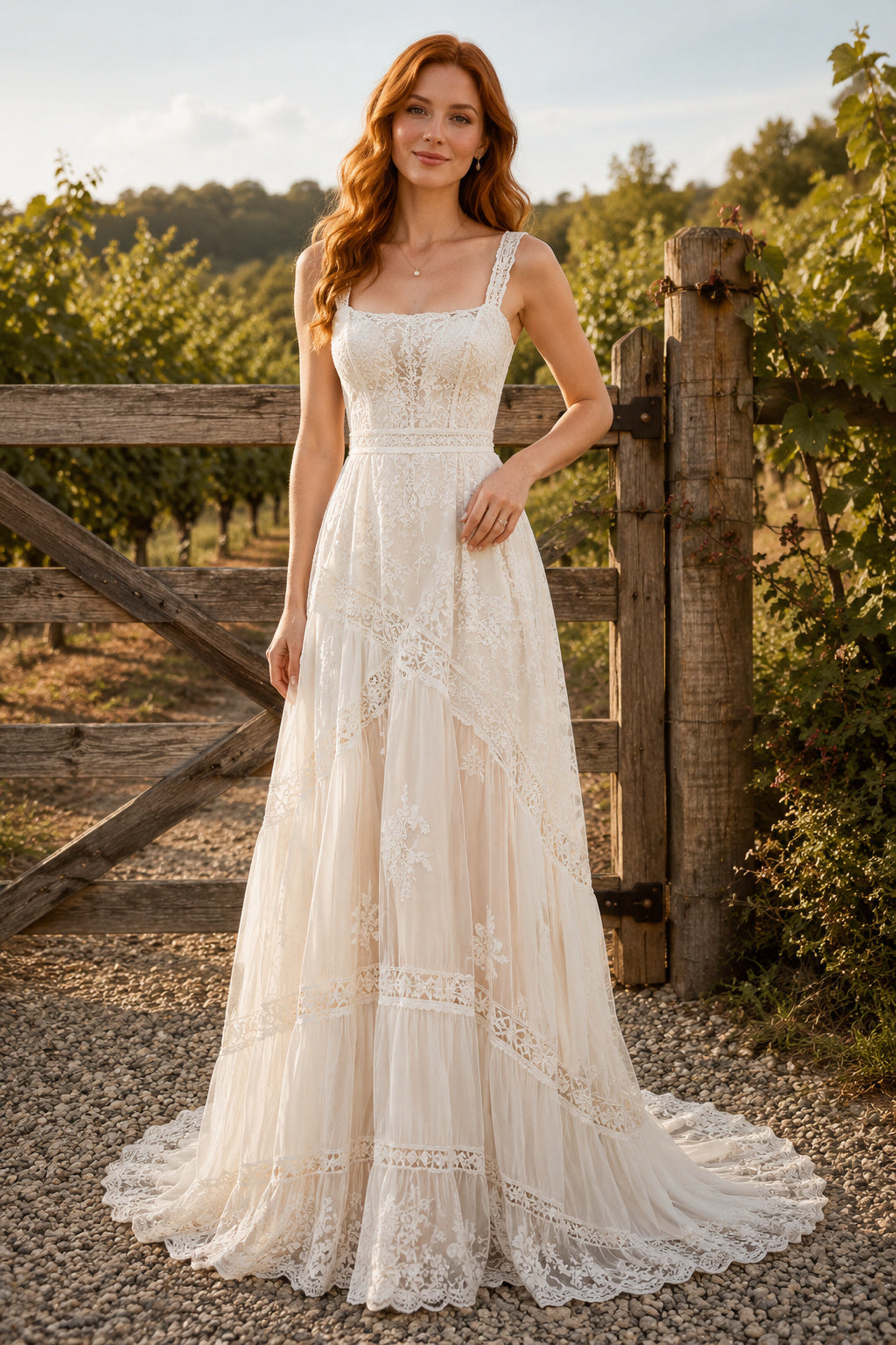 Square Neck Strap A-Line Wedding Dress with Tiered Lace Skirt and Sweep Train for Beach Garden Ceremony front view