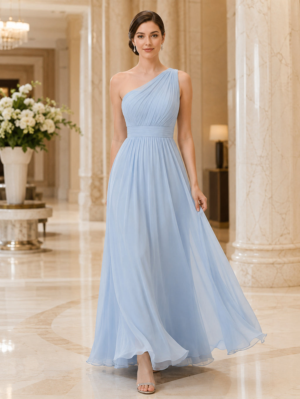 Sky Blue Chiffon One Shoulder A-Line Evening Dress front view