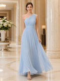 Sky Blue Chiffon One Shoulder A-Line Evening Dress front view