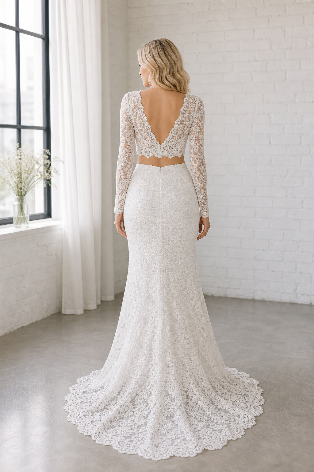 White Illusion Long Sleeves Two-Piece Lace Floor-length Wedding Dress With Lace and Two-Piece and Open Back