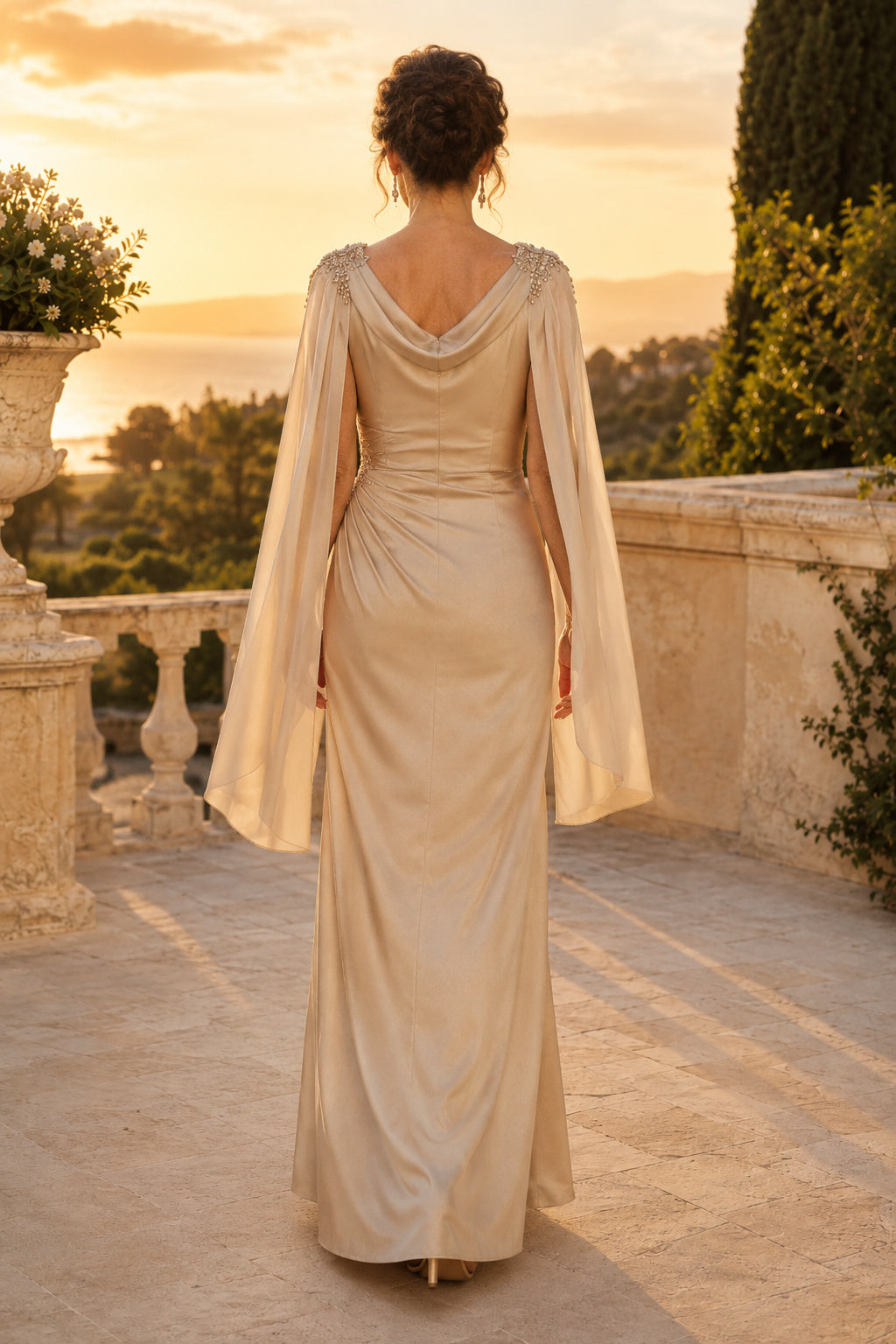 Champagne Cowl Neck Sheath Mother Dress with Cape Sleeves and Charmeuse Skirt back view