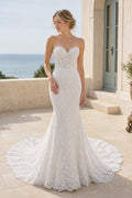 White Off-the-shoulder Long Sleeves A-Line Satin Floor-length Wedding Dress With Open Back and Lace Bodice