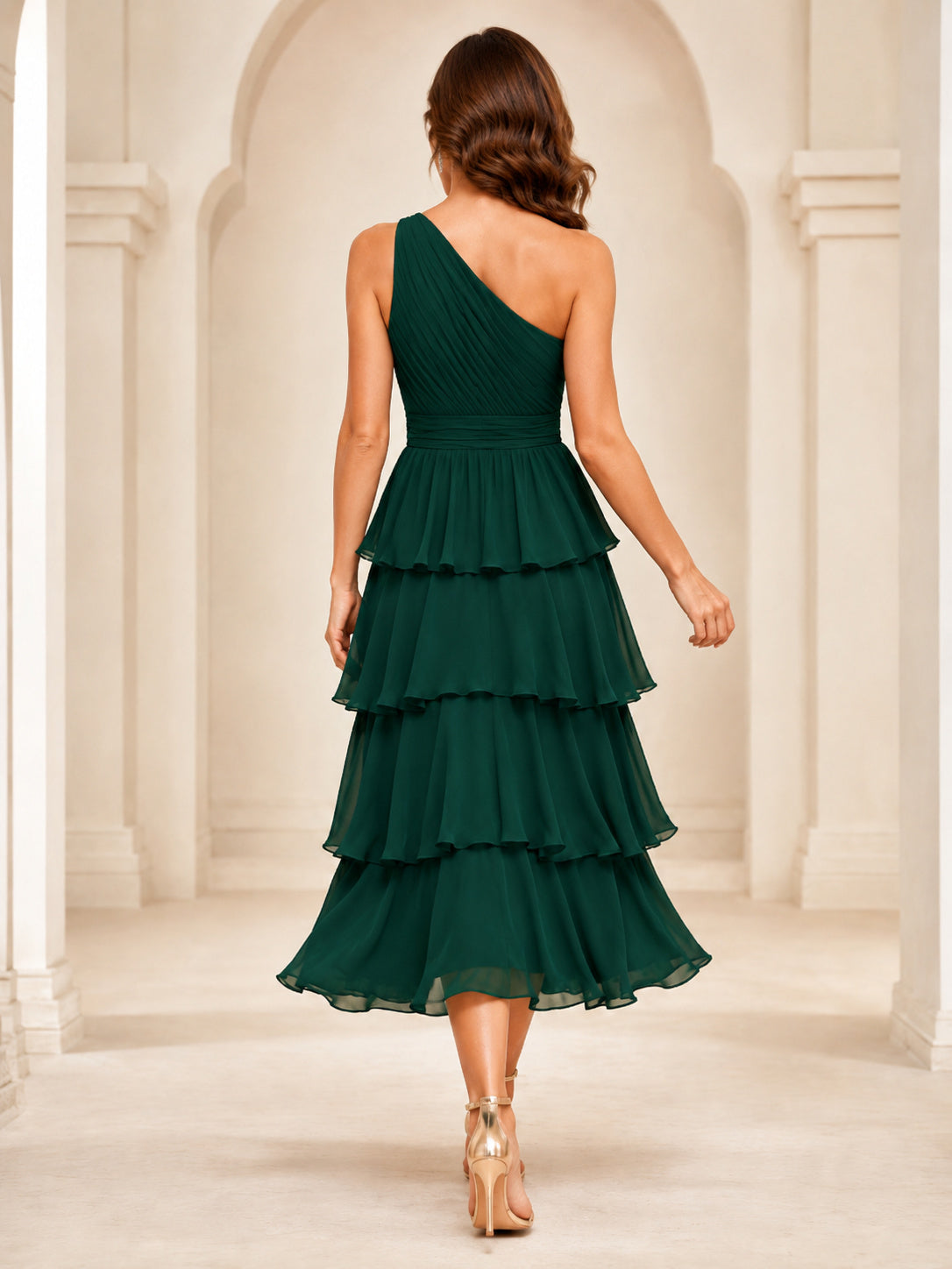 Dark Green Tiered Ruffle Halter Midi Dress back view