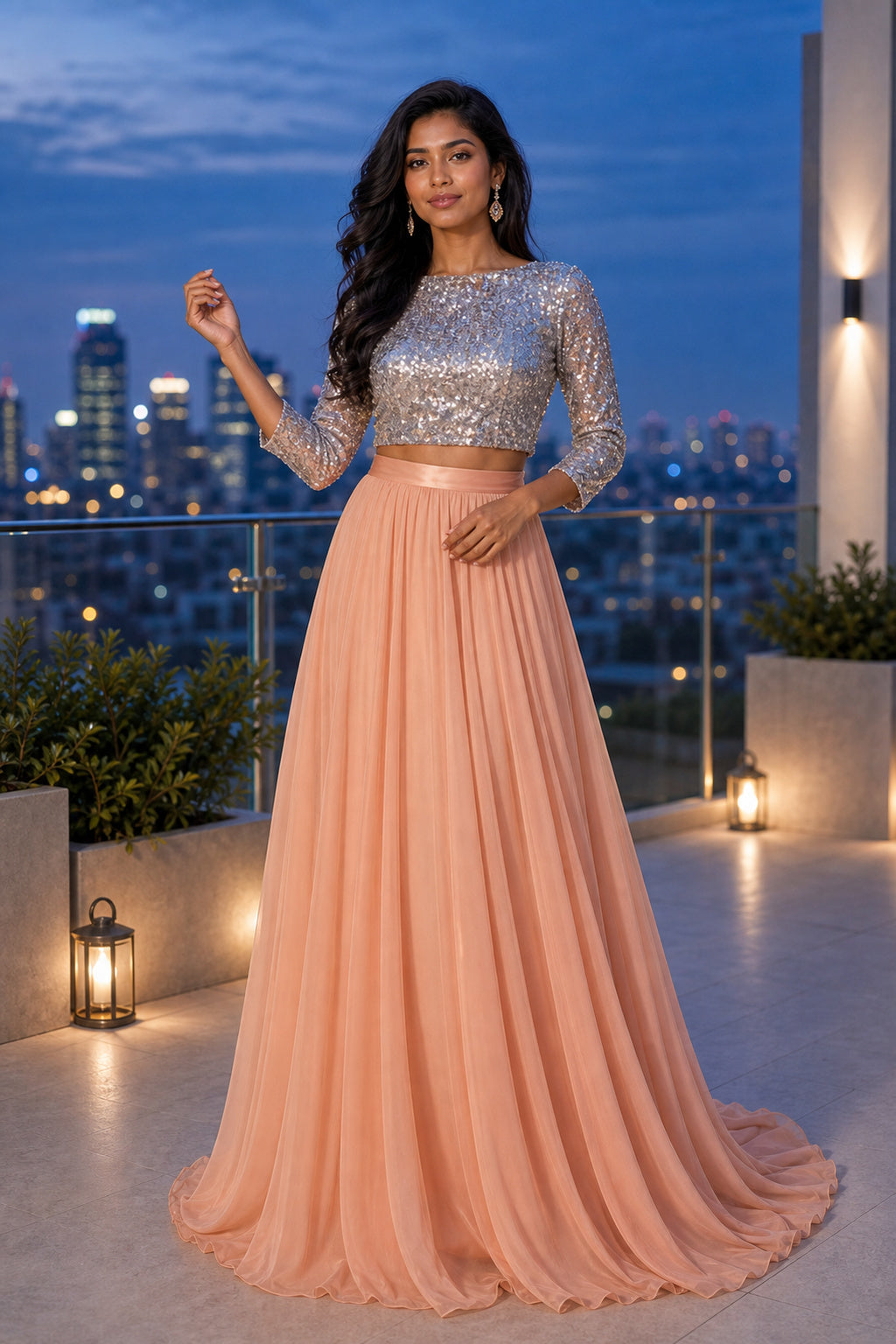 Peach Two-Piece Long Sleeve Sequined Top A-Line Chiffon Floor-Length Dress