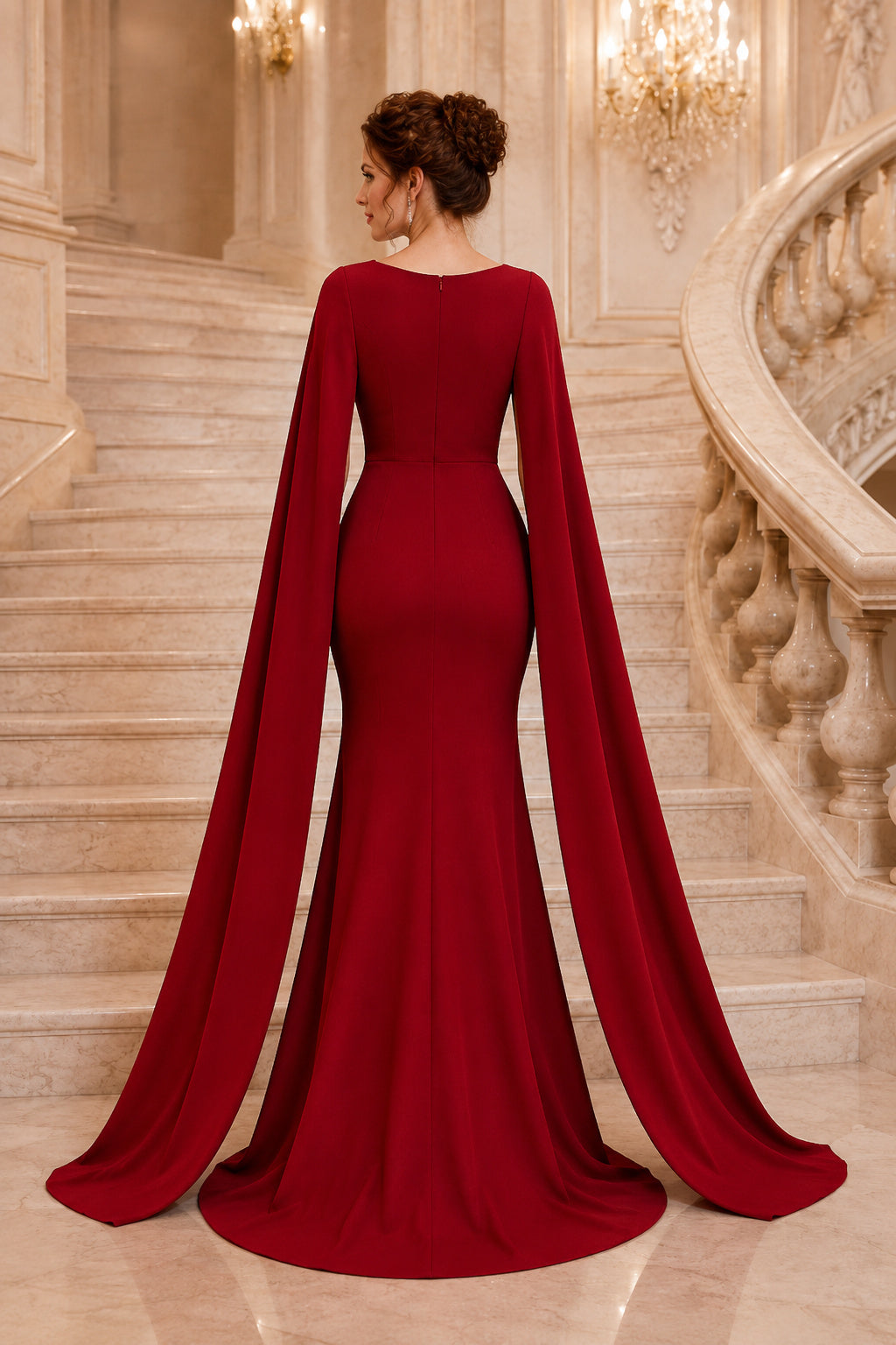 Red Bateau Long Sleeve Mermaid Evening Gown With Dramatic Side Cape Panels Evening Dress back view