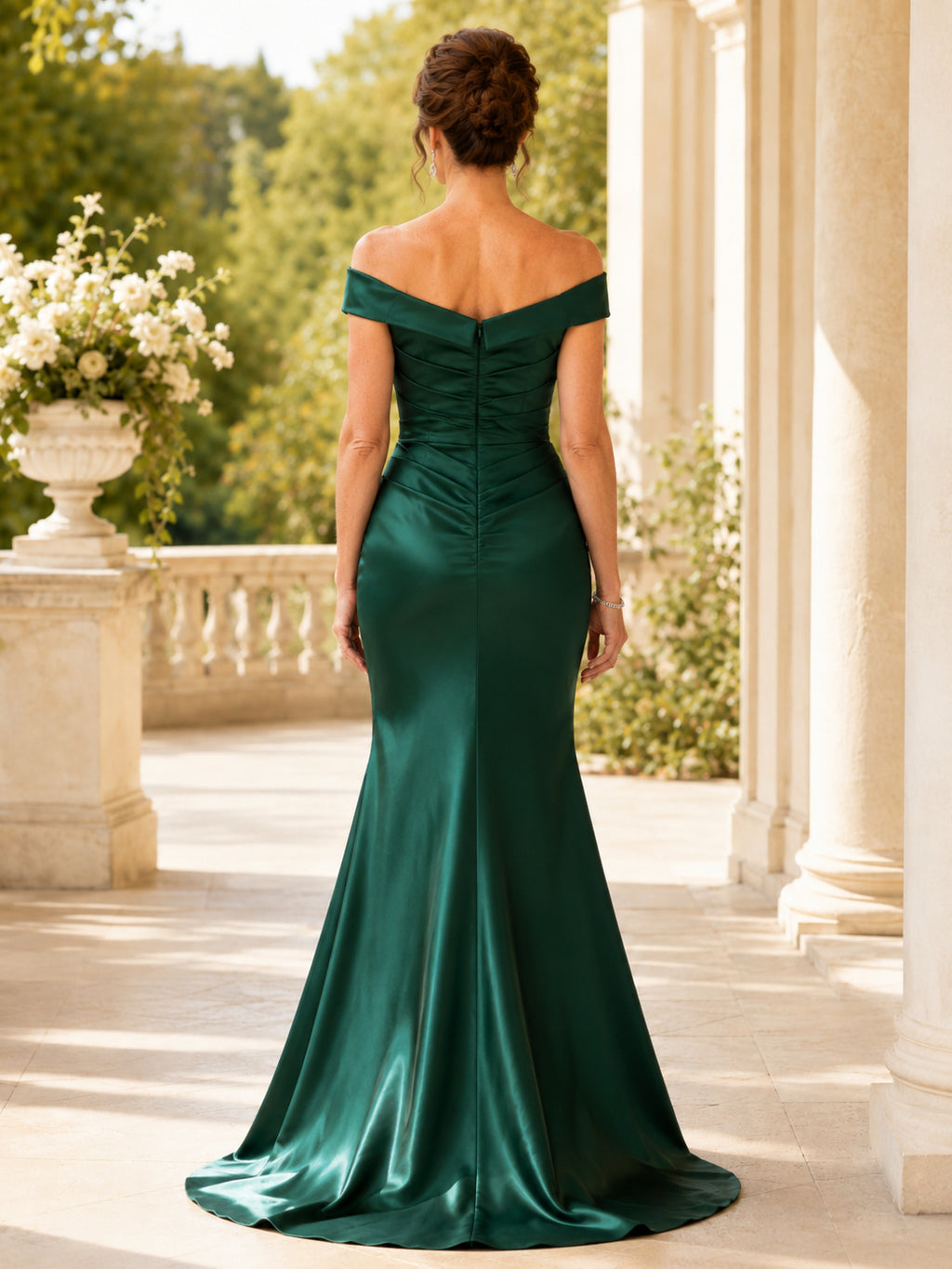Emerald off shoulder ruched satin mermaid mother gown back view