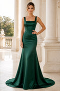 Dark Green Square Neck Satin Mermaid Formal Dress with Wide Straps and Sweep Train front view