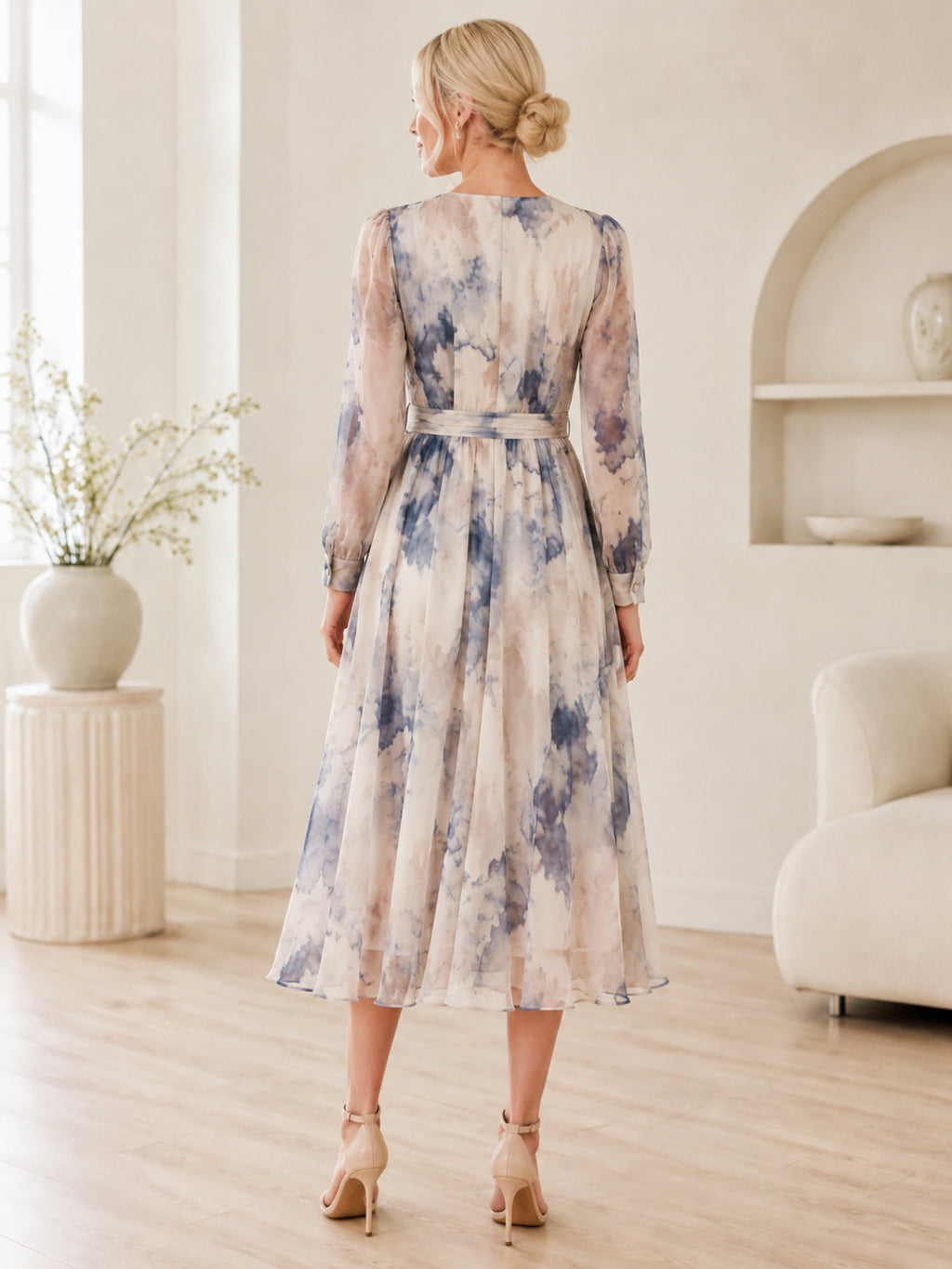 Blue Ink Wash Long Sleeve Wrap Chiffon Midi Guest Dress back view