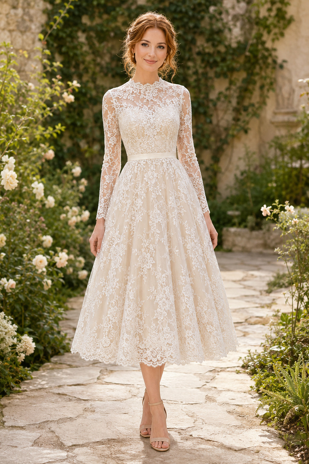 Ivory High Neck Long Sleeve Lace Tea-Length Wedding Dress with Long Lace Sleeves and Full Lace Skirt front view