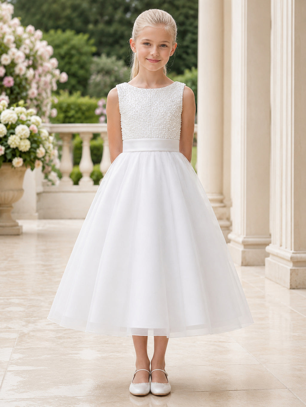 Elegant Pearl Beaded Sleeveless Tea-Length A-Line Flower Girl Garden Wedding Tulle Dress front view