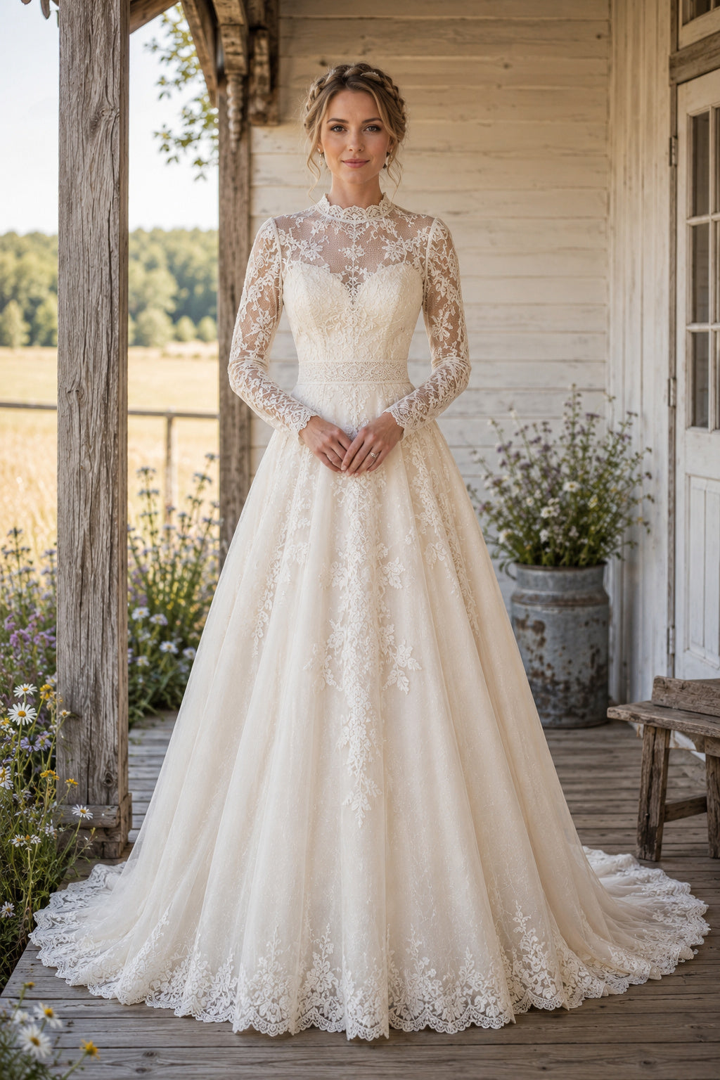 High Neck Long Sleeve A-Line Wedding Dress with Illusion Lace Bodice and Chapel Train front view