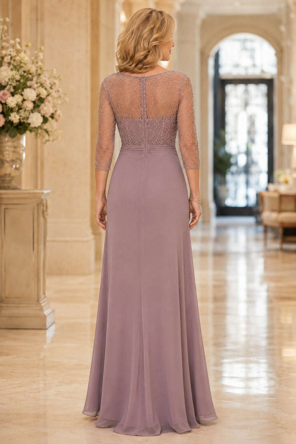 Vintage Mauve Bateau Mother Dress with Illusion Lace Bodice and Chiffon Skirt for Evening Reception back view