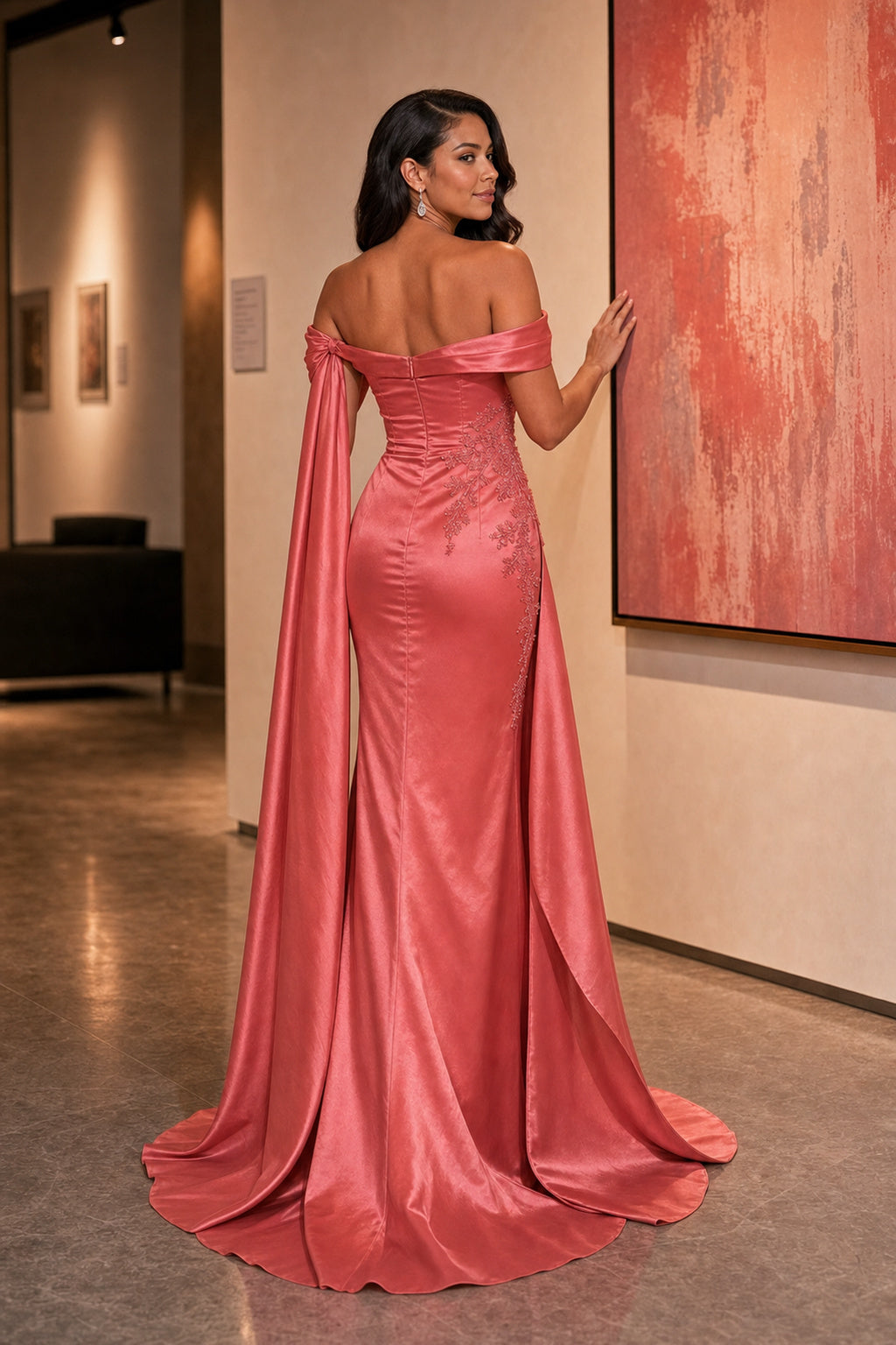 Rose Off-the-Shoulder Sheath Satin Floor-Length Dress With Draped Cape