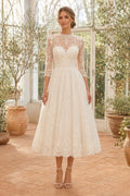 Ivory High Neck Long Sleeve Lace Tulle Tea-Length Wedding Dress with Long Lace Sleeves and Illusion Back front view