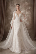 V-Neck Long Sleeve Lace A-Line Wedding Dress with Chapel Train front view