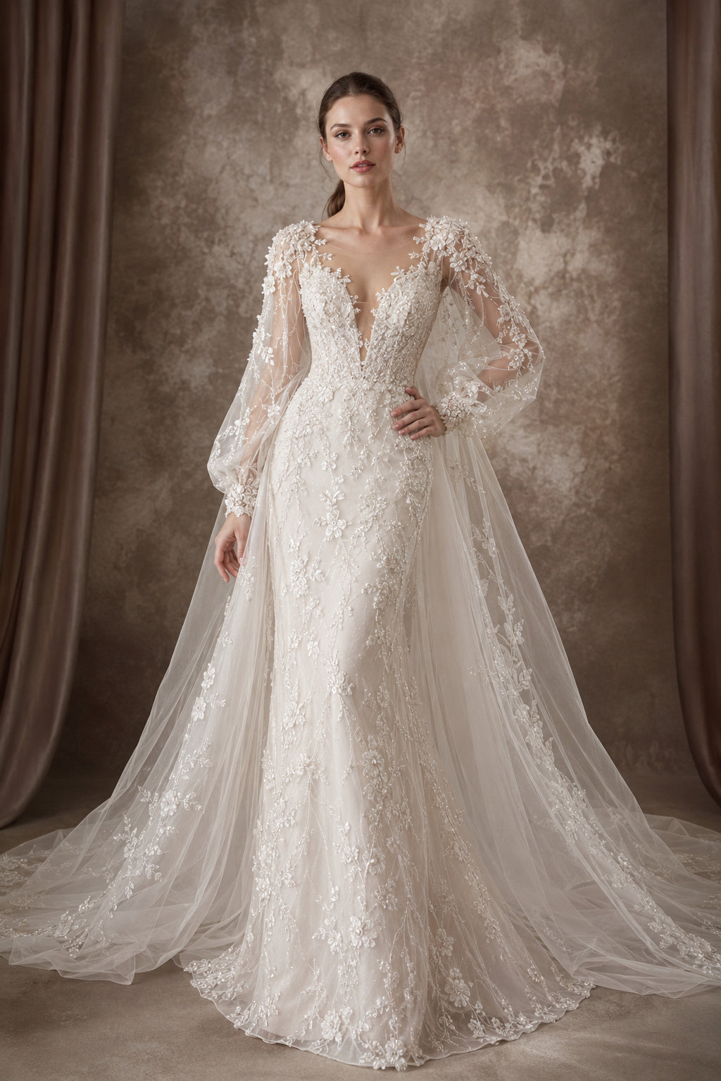 V-Neck Long Sleeve Lace A-Line Wedding Dress with Chapel Train front view