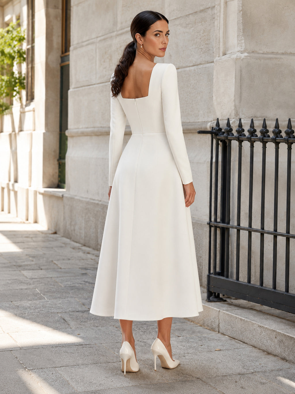 Courthouse Minimalist Square Neck Long Sleeve Midi Wedding Dress back view