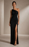 Black Column Evening Dress with High Slit One Shoulder Ruched Formal Gown front view