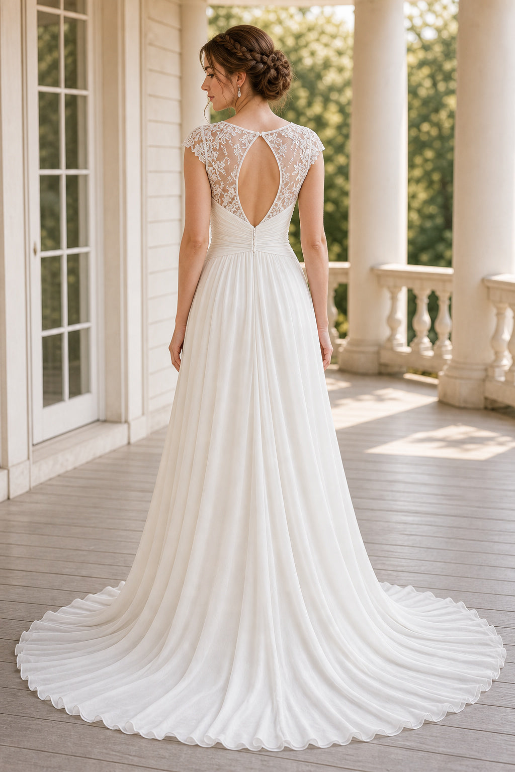 White V-neck Cap Sleeves A-Line Chiffon, Lace Floor-length Wedding Dress With Lace Bodice and Train