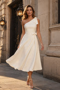 One-Shoulder Satin Tea-Length Wedding Dress with Bow front view