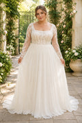 Plus Size Ivory Scoop Neck Long Illusion Sleeve Lace Tulle A-Line Wedding Dress with Long Lace Sleeves and Sweep Train front