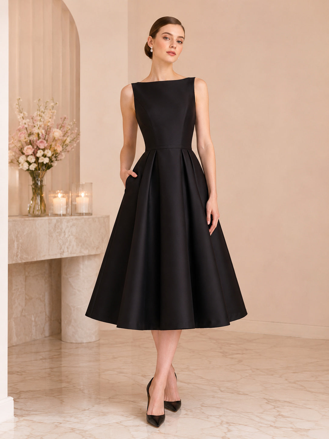Black Bateau Sleeveless Satin Tea-Length A-Line Modest Wedding Dress front view