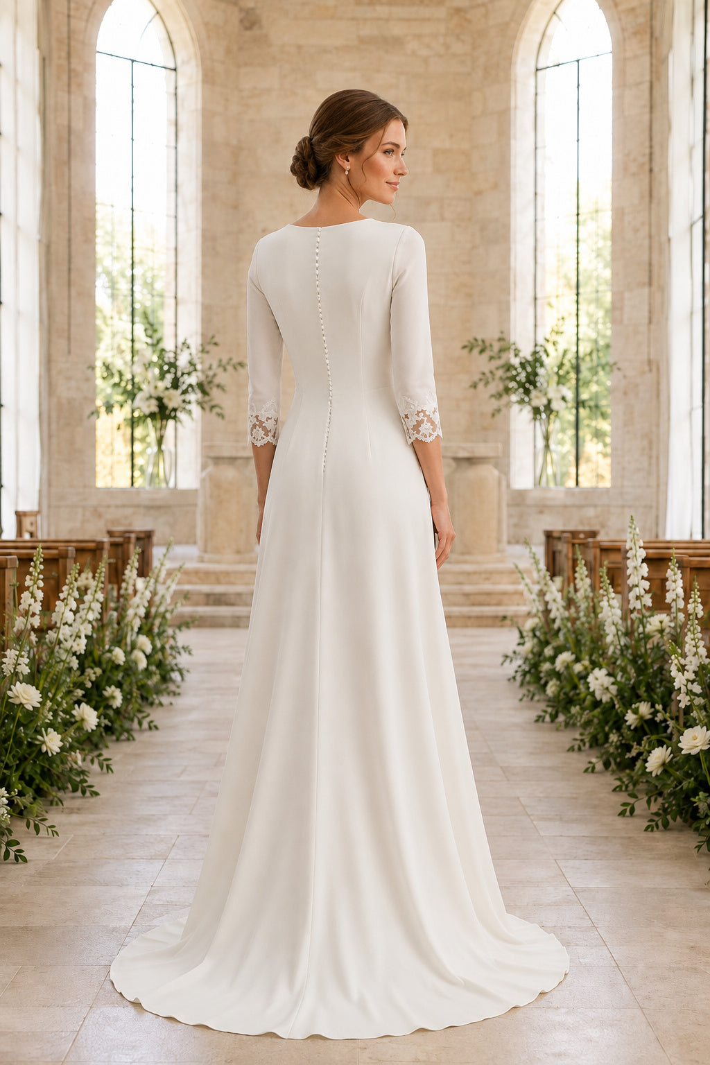 Ivory Simple Bateau Neck Sheath Stretch Satin Wedding Dress with Long Sleeves and Sweep Train back view