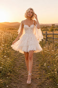 Ivory Spaghetti Strap Lace Mini Wedding Dress with Sweetheart Bodice and Tulle Skirt front view