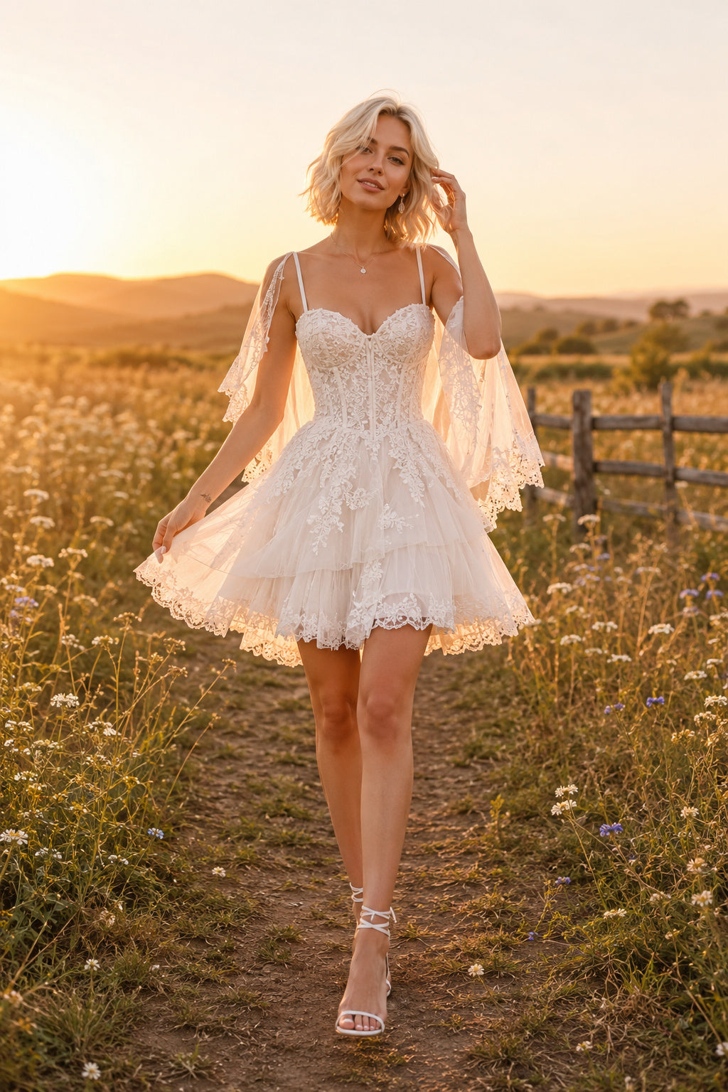 Ivory Spaghetti Strap Lace Mini Wedding Dress with Sweetheart Bodice and Tulle Skirt front view