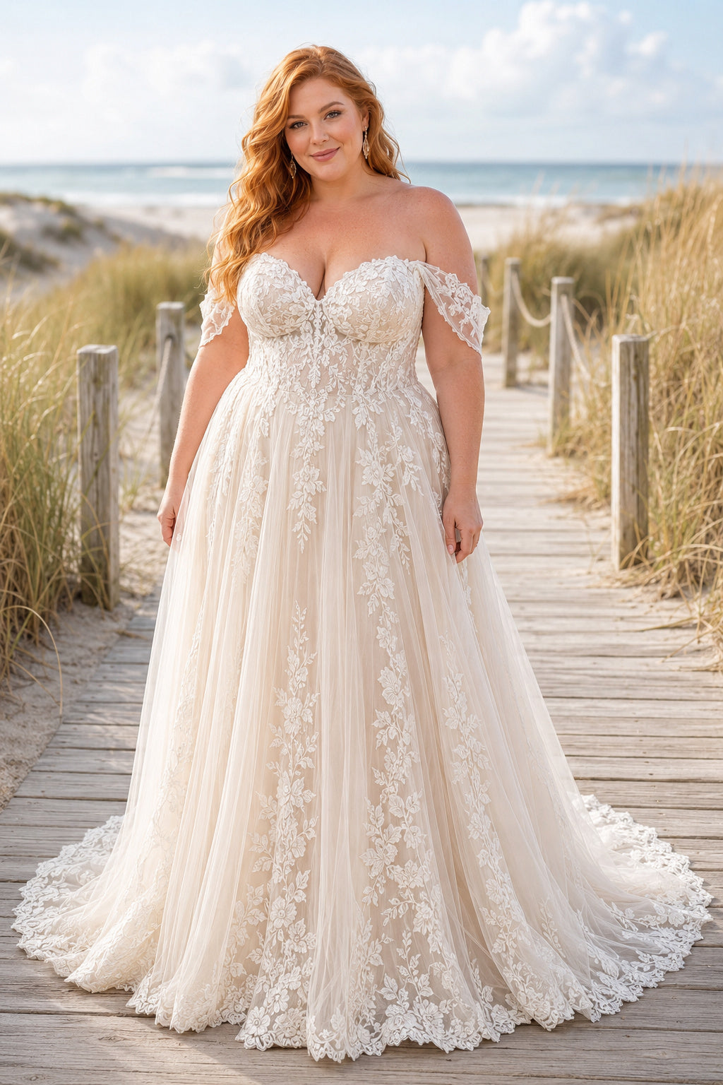 Plus Size Champagne Off-the-Shoulder Flutter Sleeve Lace Tulle A-Line Wedding Dress with Chapel Train front view