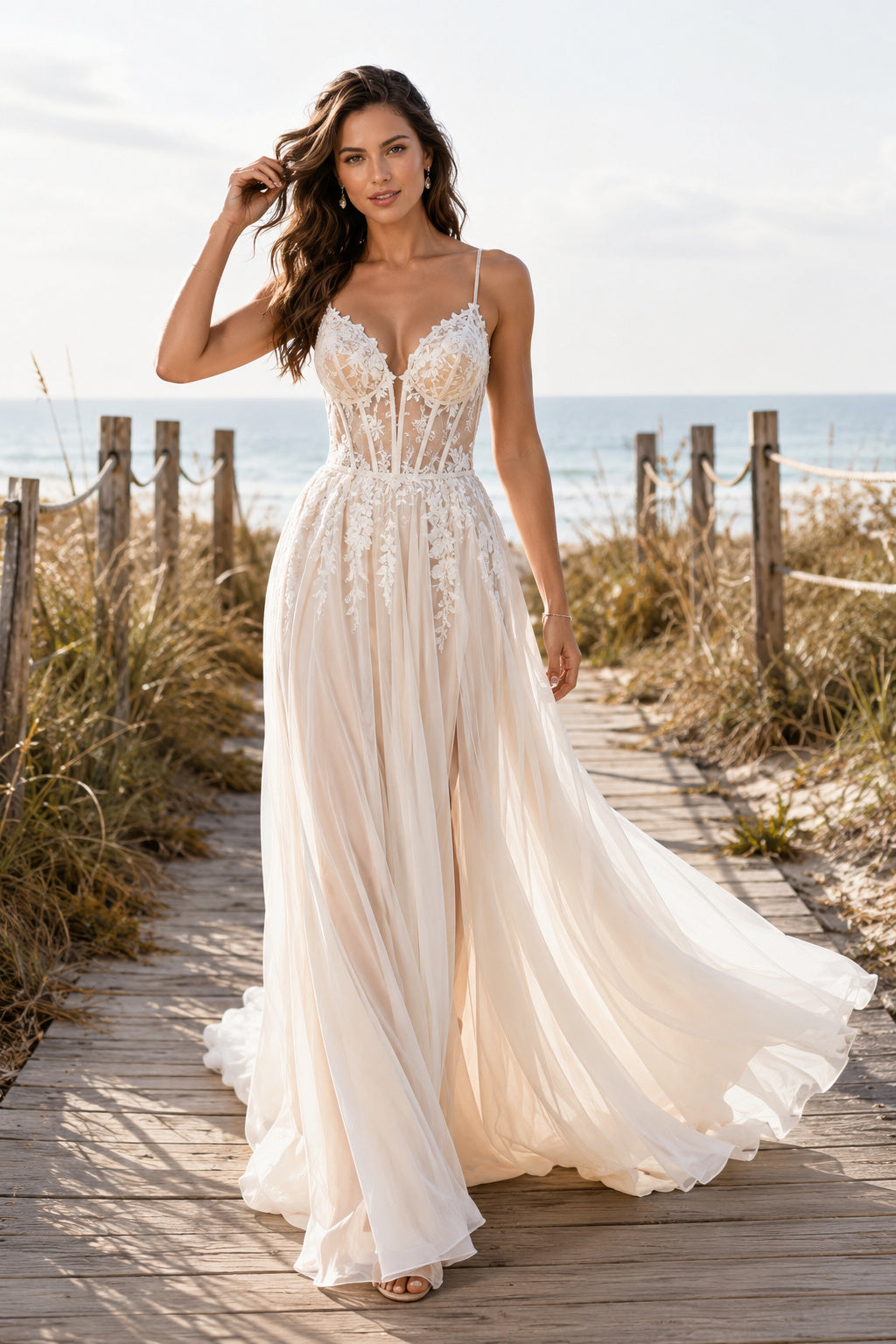 Ivory Spaghetti Strap Chiffon A-Line Wedding Dress with Lace Bodice front view