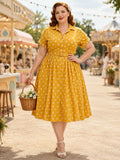 Plus Size Casual Daffodil Floral Notched Neck Short Sleeve A-Line Tea Length Shirt Dress front view