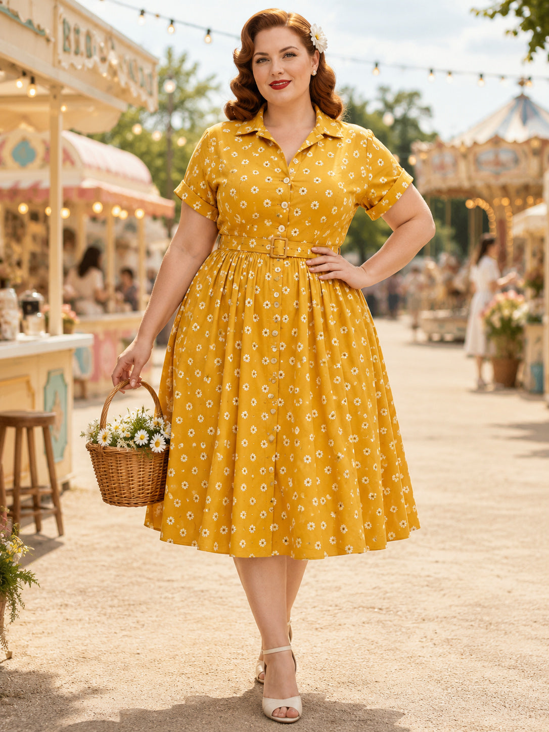 Plus Size Casual Daffodil Floral Notched Neck Short Sleeve A-Line Tea Length Shirt Dress front view
