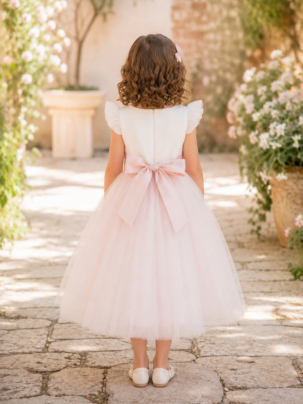 Blush Tulle A-Line Flower Girl Dress with Short Sleeve, Jewel Neck, Tea-Length Skirt, Bow Detail back view