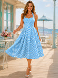 Sky Blue Polka Dot Strapless Sweetheart Swing Midi Dress front view