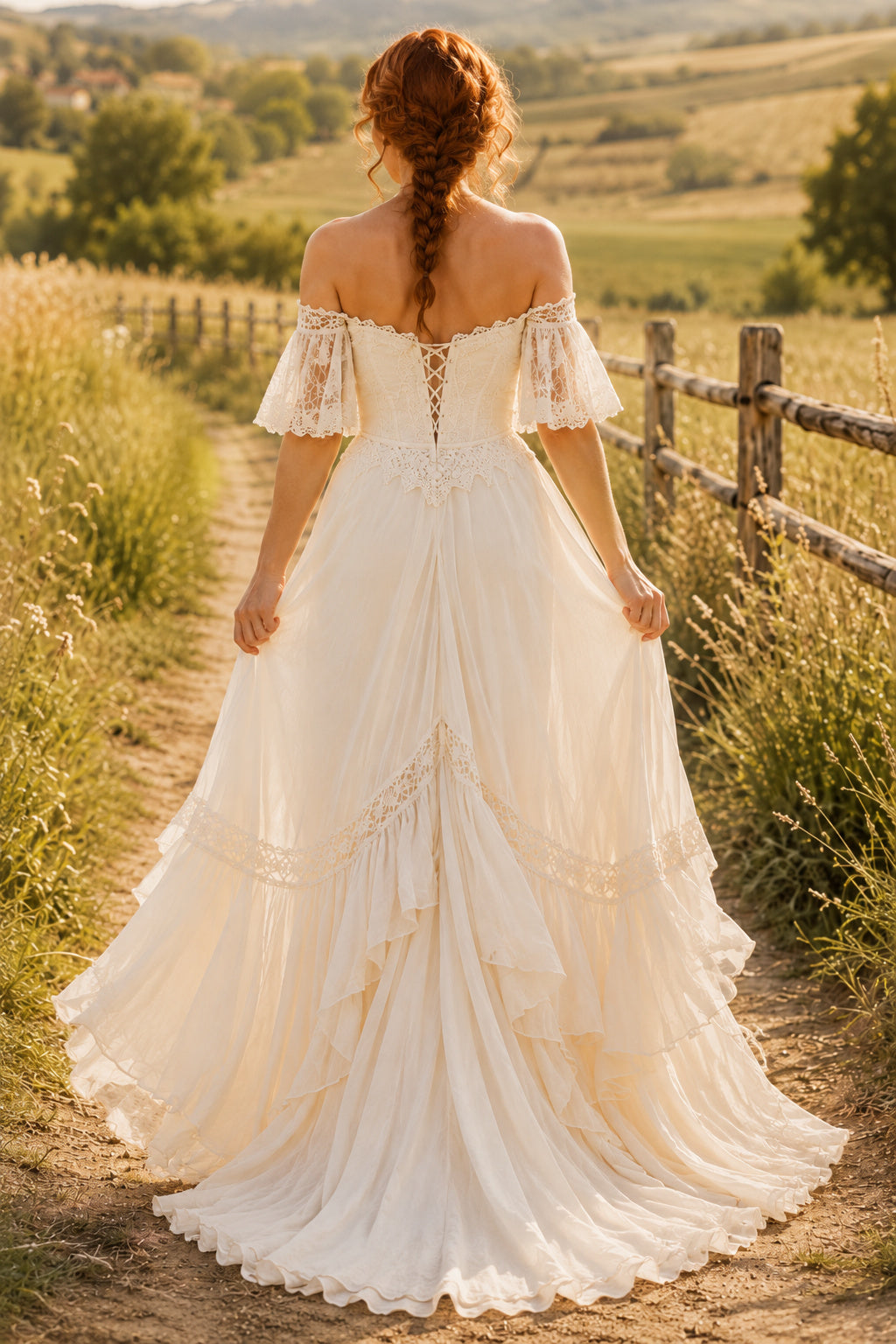 Ivory Off-the-Shoulder Boho A-Line Wedding Dress with Layered Skirt and Split Train back view
