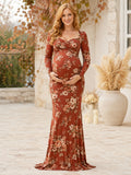 Rust Floral Maternity Long Sleeve Square Neck Mermaid Sweep Train Fall Gown front view