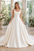 Satin Wedding Dress A-Line Strapless Sweetheart Sweep Train Bridal Gown front view