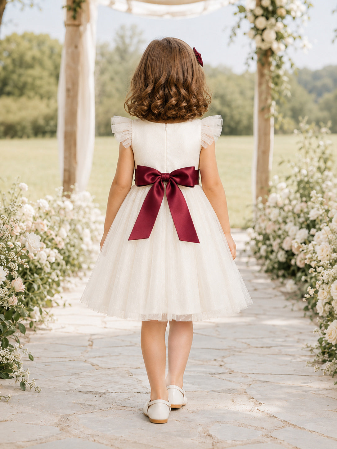 Ivory Bow Sash Tulle A-Line Flower Girl Dress with Jewel Neck, Sleeveless, and Tea-length Skirt back view